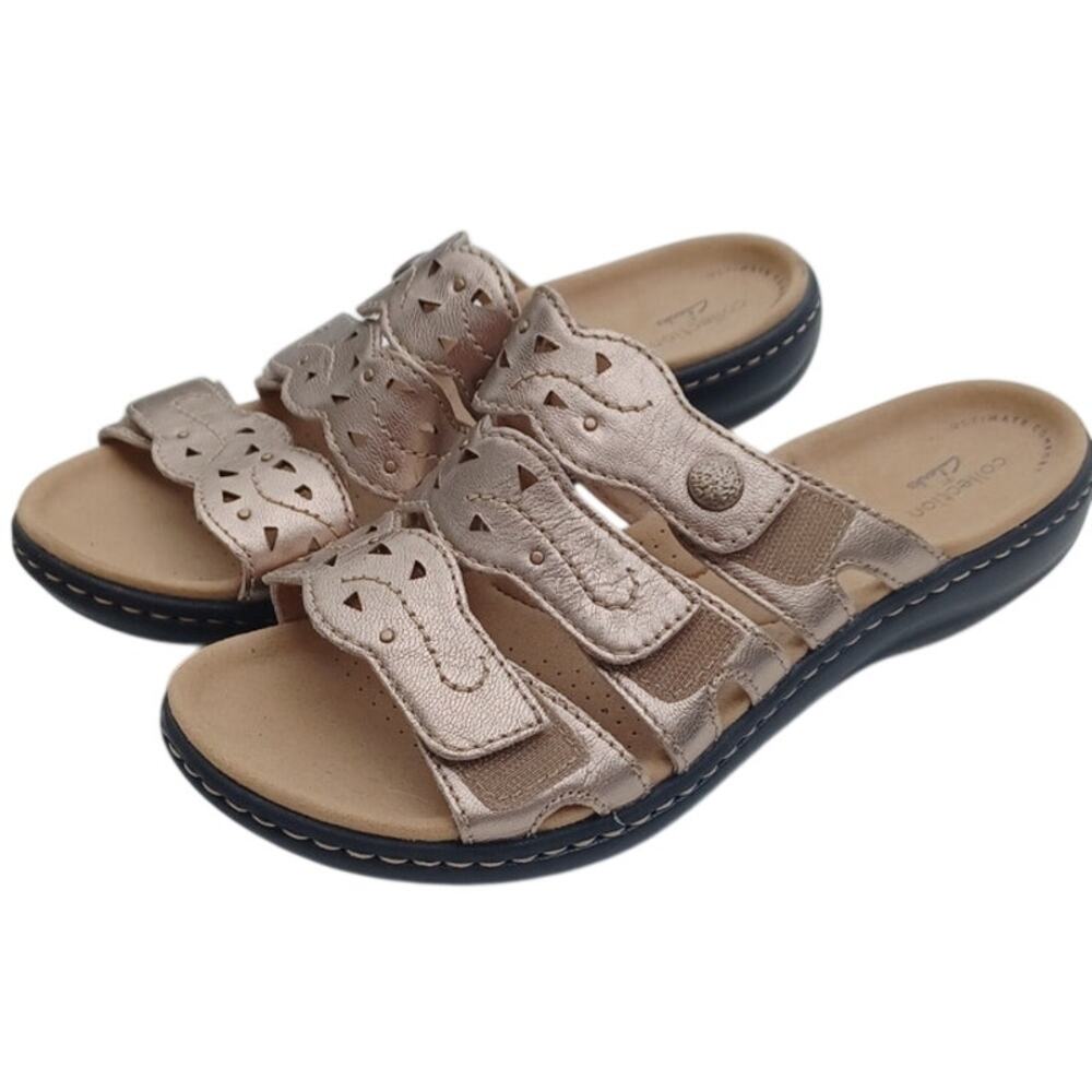 Clarks Collection Gold Metallic Comfort Slide Sandals Womens 8 Adjustable Straps - Picture 3 of 12